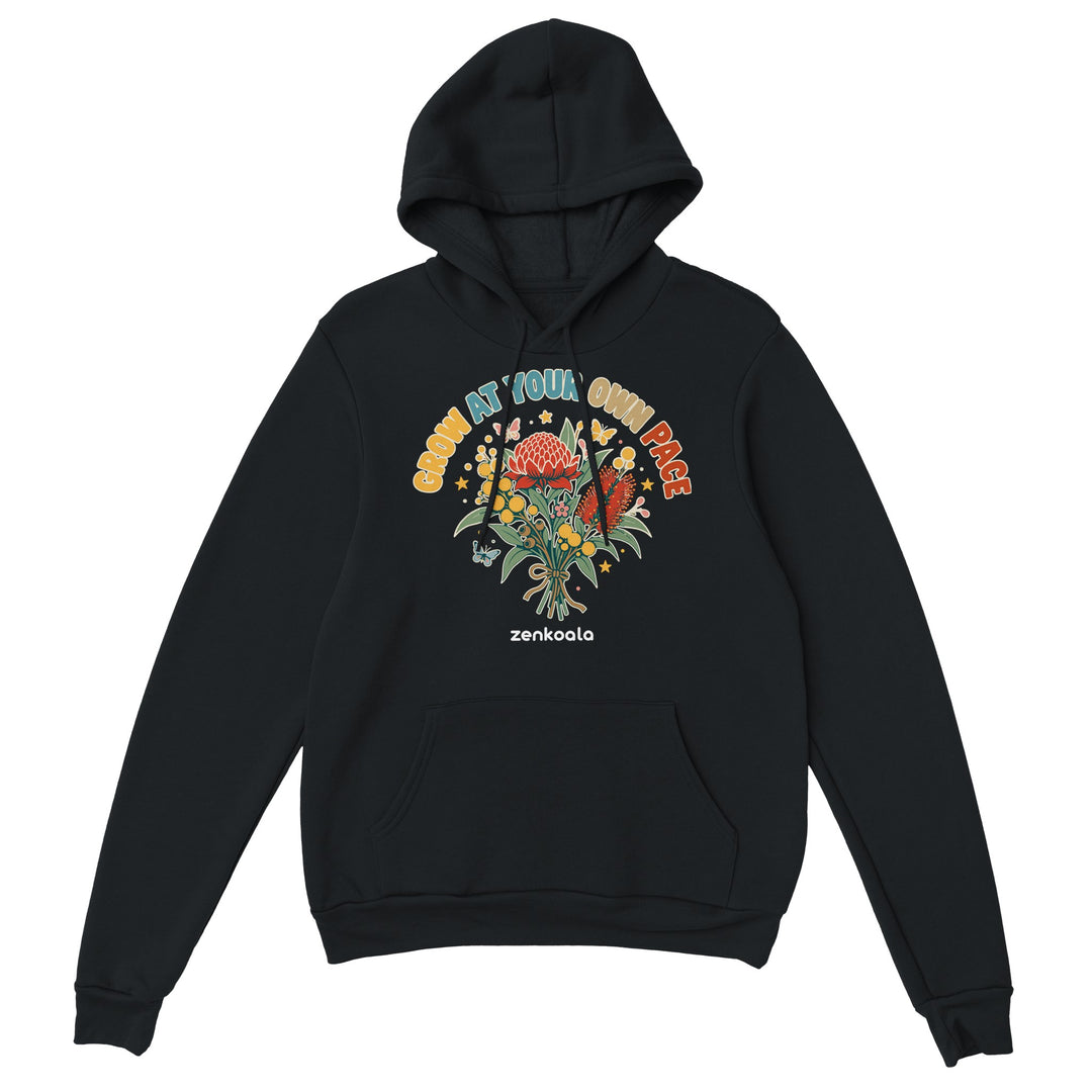 Grow at Your Own Pace feel-good hoodie in black, Zen Koala Australia