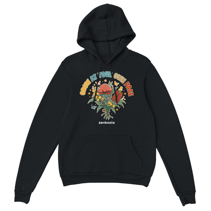 Grow at Your Own Pace feel-good hoodie in black, Zen Koala Australia