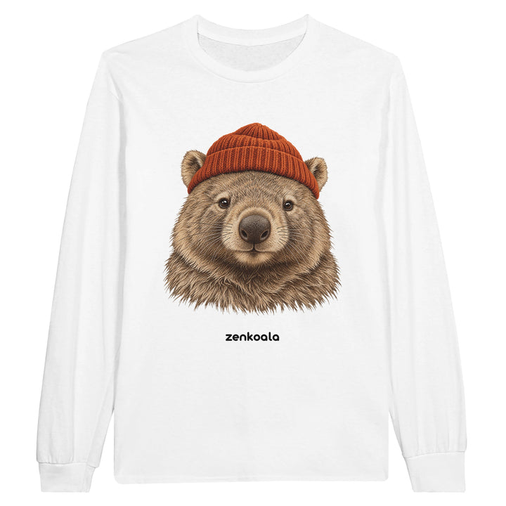 Wombat Beanie feel-good long sleeve tee in white, Zen Koala Australia