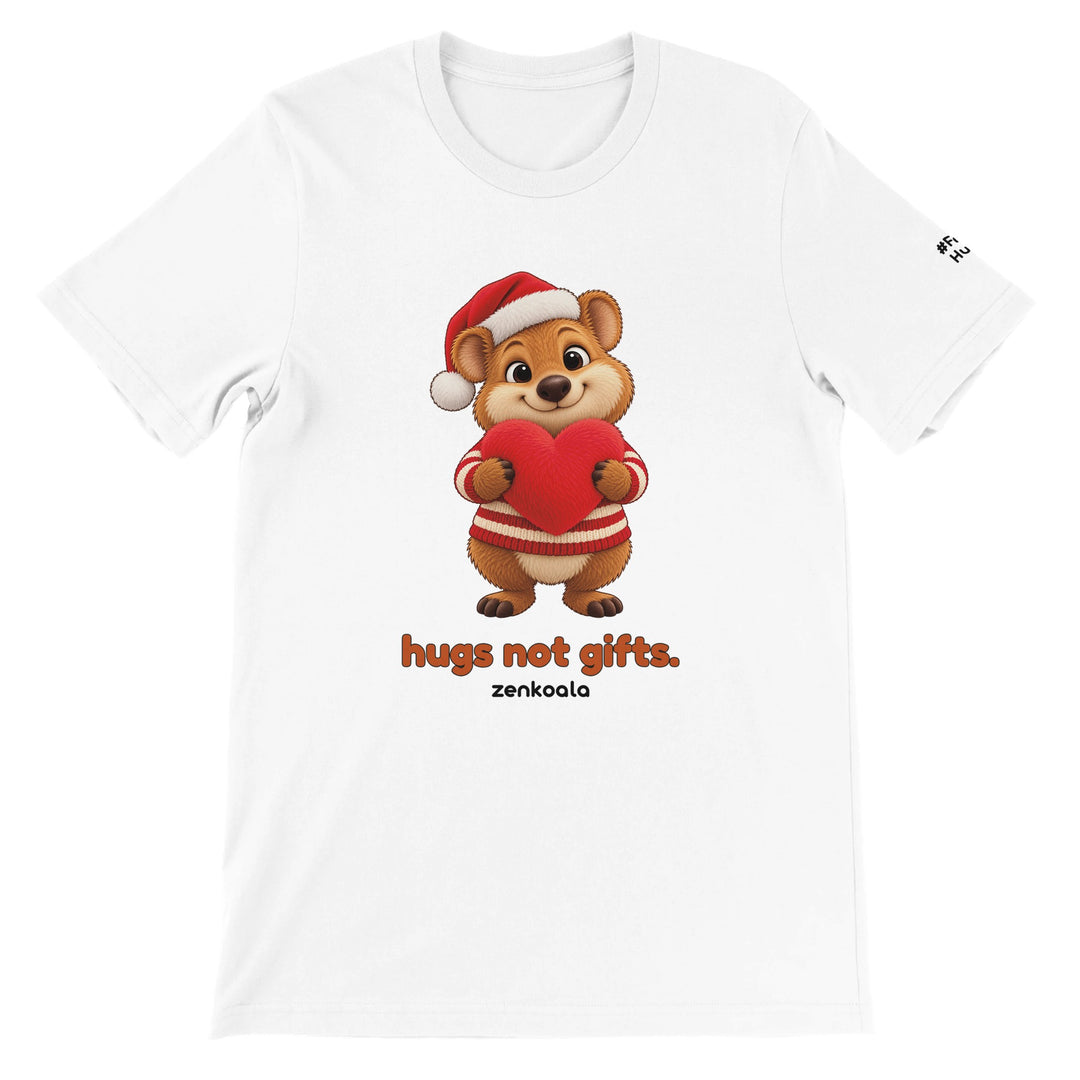 Hugs Not Gifts feel-good tee in white: a quokka holding a heart, Zen Koala Australia