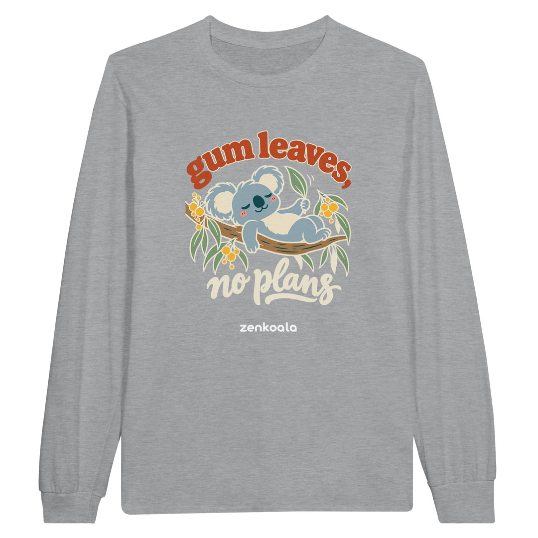 Gum Leaves No Plans feel-good long sleeve tee in sports grey, Zen Koala Australia