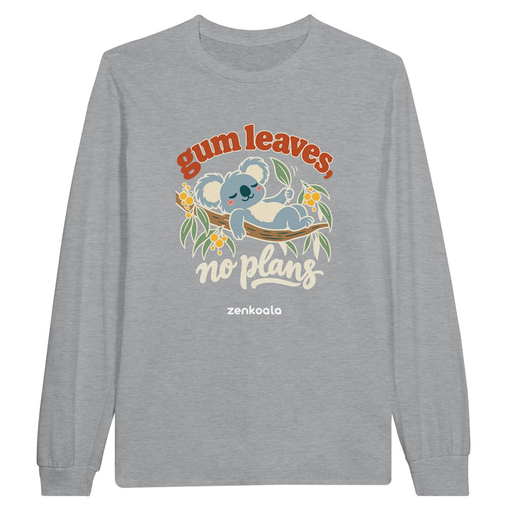 Gum Leaves No Plans feel-good long sleeve tee in sports grey, Zen Koala Australia