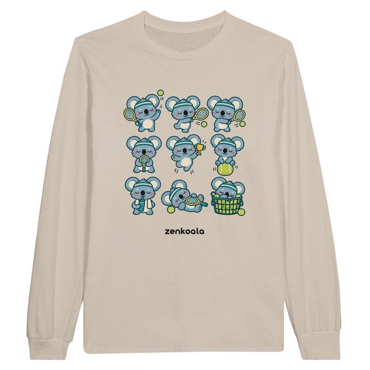 Tennis Koalas feel-good long sleeve tee in sand, Zen Koala Australia