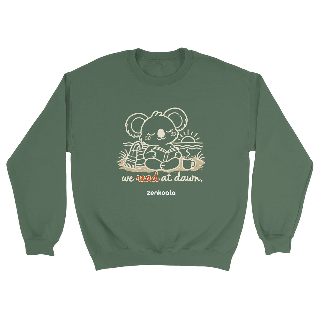 We Read at Dawn feel-good sweatshirt in military green, Zen Koala Australia