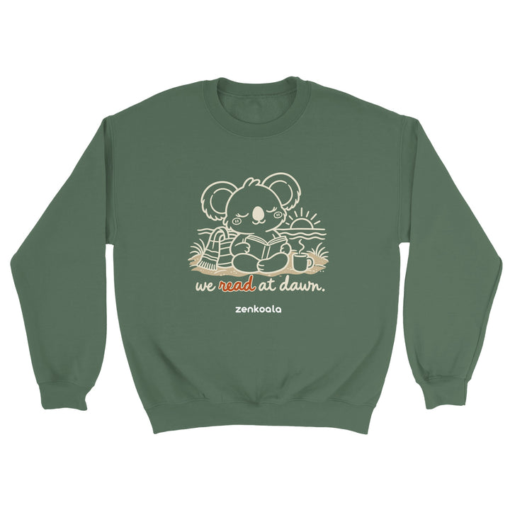 We Read at Dawn feel-good sweatshirt in military green, Zen Koala Australia