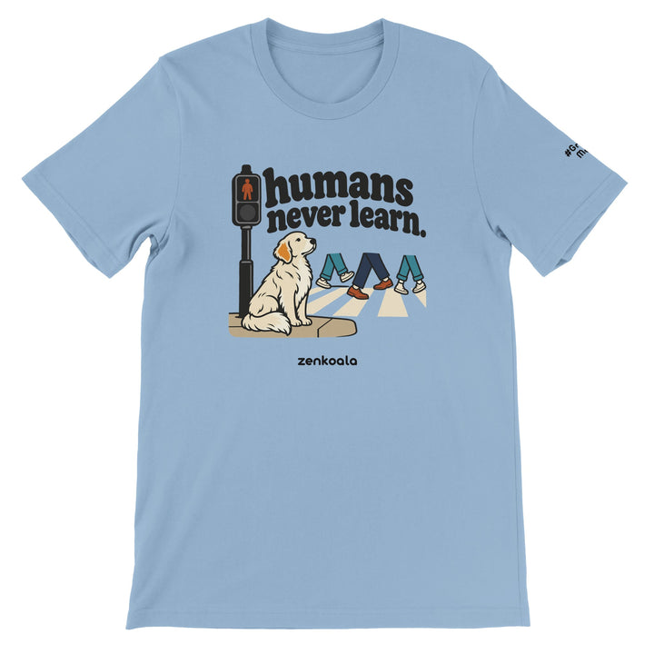 Humans Never Learn feel-good tee in light blue, Zen Koala Australia