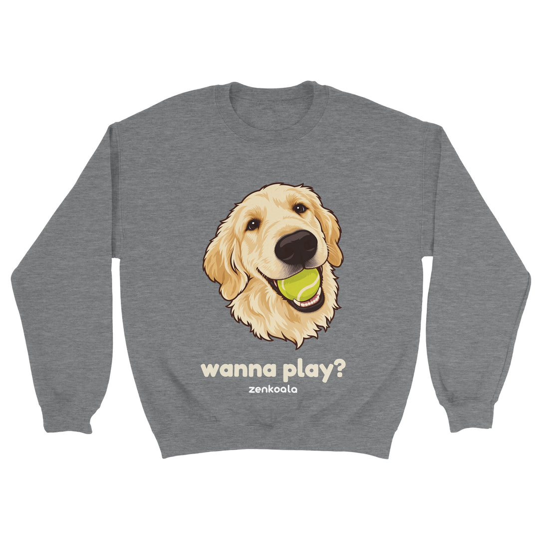 Wanna Play? feel-good sweatshirt in sport grey: a golden retriever with a ball, Zen Koala Australia