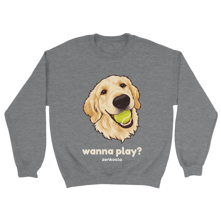 Wanna Play? feel-good sweatshirt in sport grey: a golden retriever with a ball, Zen Koala Australia