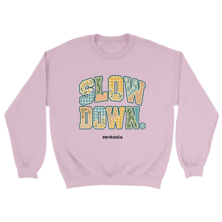 Slow Down Faux Patchwork feel-good sweatshirt in light pink, Zen Koala Australia