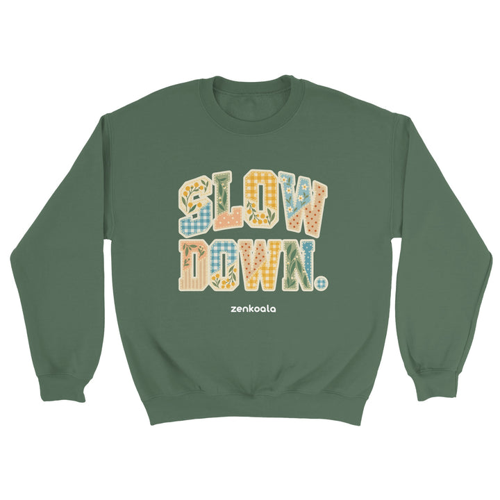 Slow Down Faux Patchwork feel-good sweatshirt in military green: faux patchwork letters in Aussie florals, Zen Koala Australia