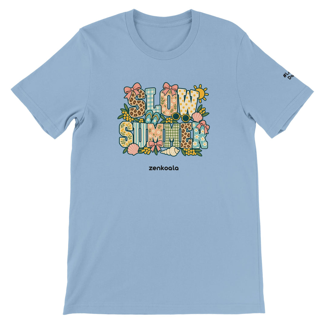 Slow Summer feel-good tee in light blue: faux patchwork summer letters, Zen Koala Australia