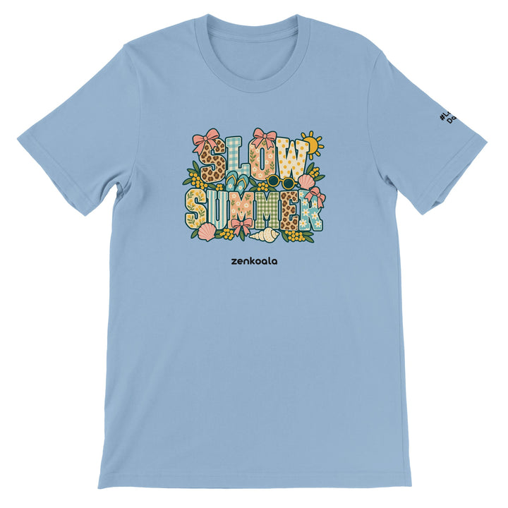 Slow Summer feel-good tee in light blue: faux patchwork summer letters, Zen Koala Australia