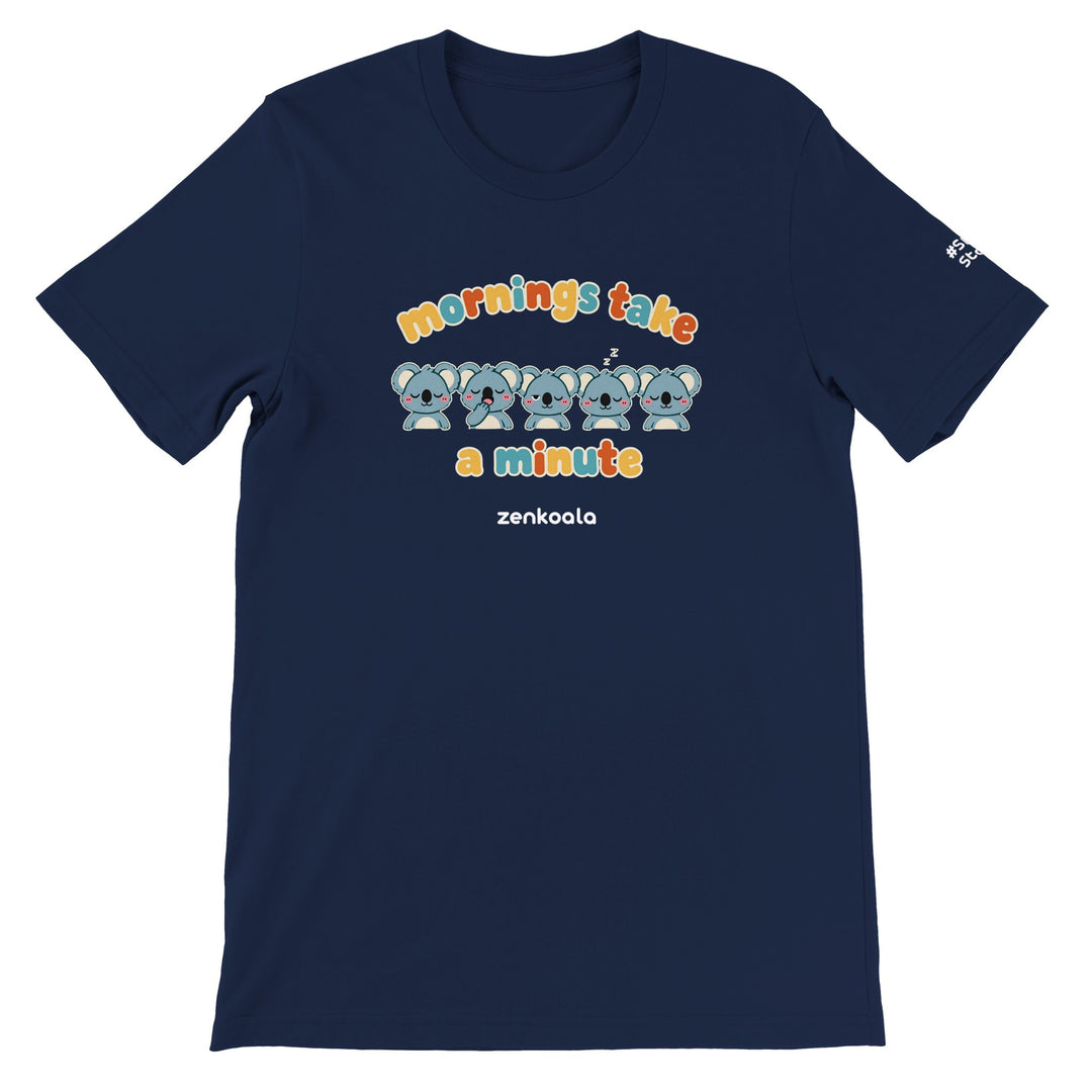 Mornings Take a Minute feel-good tee in navy, Zen Koala Australia