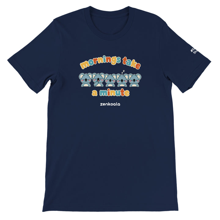 Mornings Take a Minute feel-good tee in navy, Zen Koala Australia