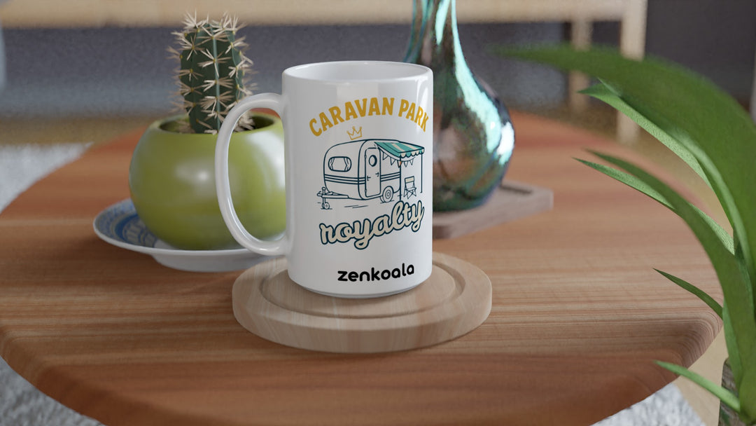 Caravan Park Royalty 15oz mug on a wooden table with a cactus, Zen Koala Australia