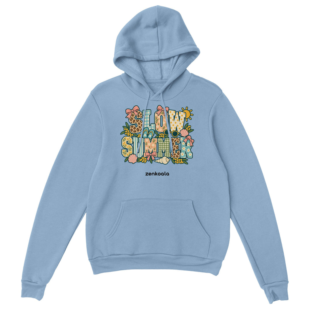 Slow Summer feel-good hoodie in light blue, Zen Koala Australia