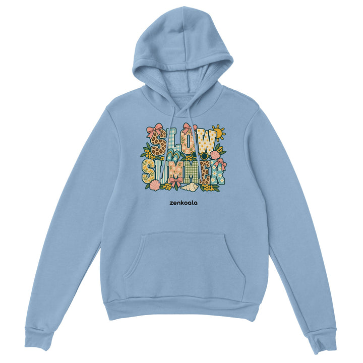 Slow Summer feel-good hoodie in light blue, Zen Koala Australia