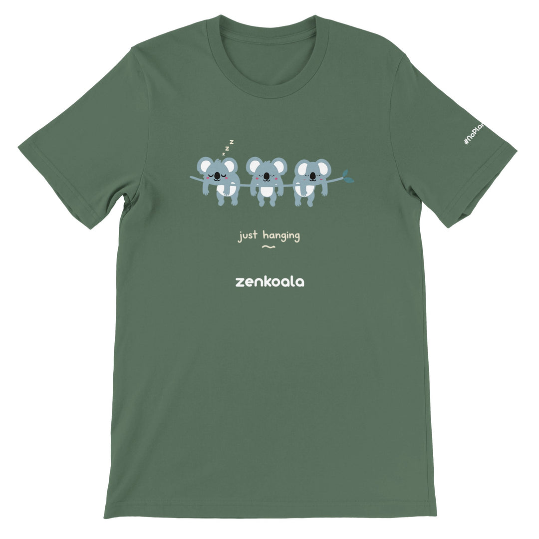 Just Hanging feel-good tee in military green — three sleepy koalas on a gum branch, Zen Koala Australia