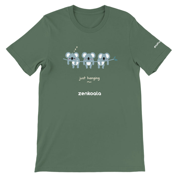 Just Hanging feel-good tee in military green — three sleepy koalas on a gum branch, Zen Koala Australia