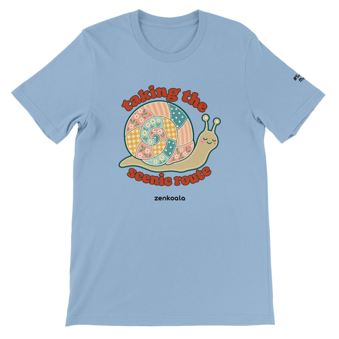 Taking the Scenic Route Snail feel-good tee in light blue, Zen Koala Australia