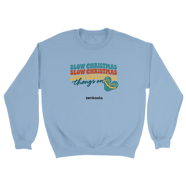 Slow Christmas Thongs On feel-good sweatshirt in light blue, Zen Koala Australia