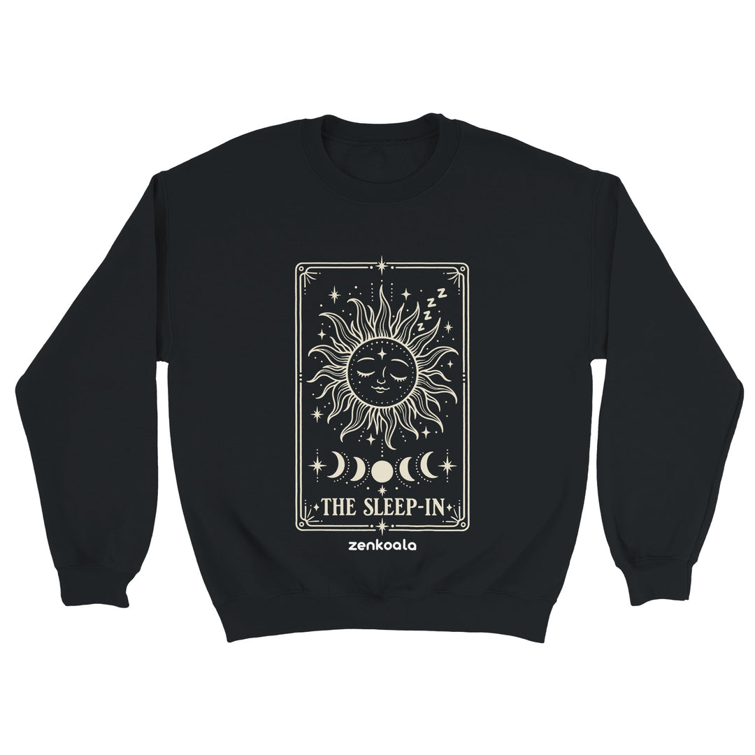 The Sleep-In feel-good sweatshirt in black: a sleepy sun tarot card, Zen Koala Australia