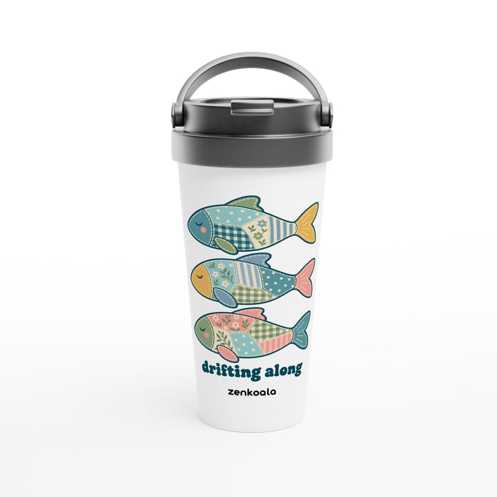 Drifting Along Fish feel-good travel mug: three faux patchwork fish drifting in a line, Zen Koala Australia