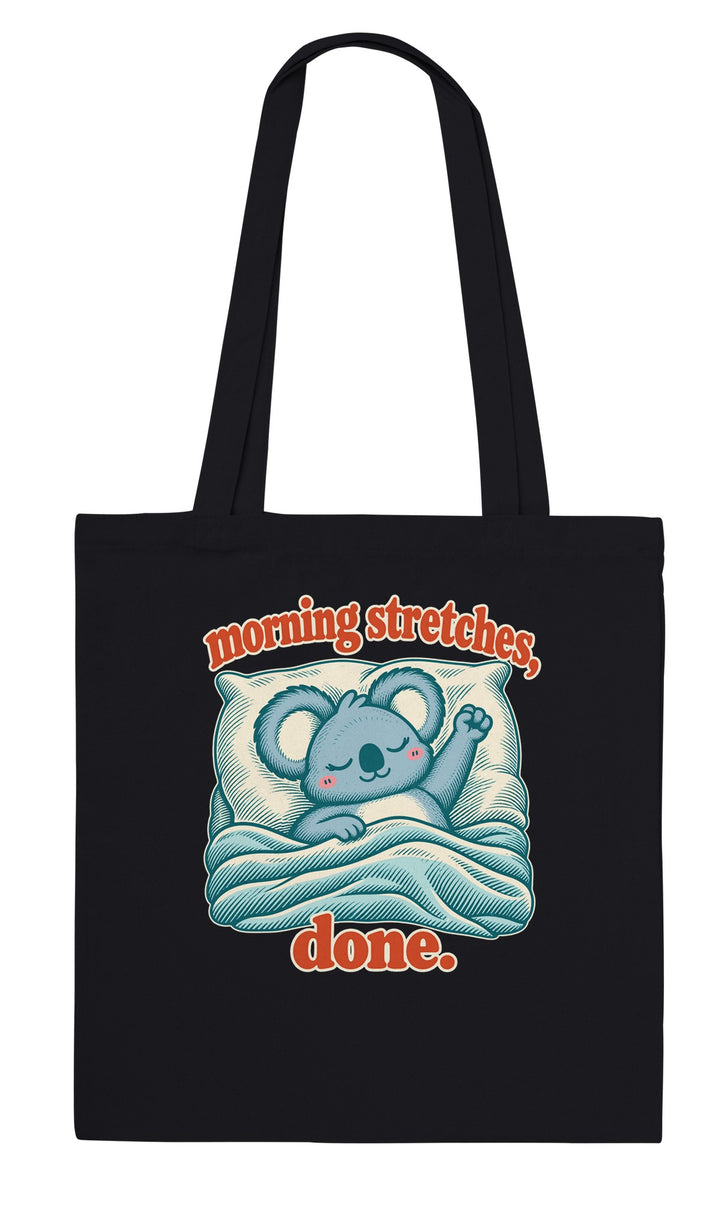 Morning Stretches Done feel-good tote bag in black, Zen Koala Australia