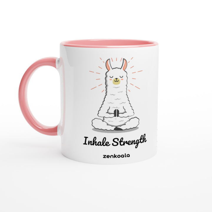 Breathe mug in pink: white with a pink rim, inside and handle, Zen Koala Australia