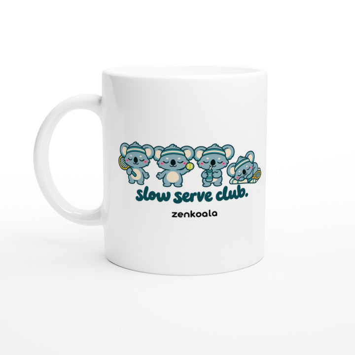 Slow Serve Club feel-good mug: four koalas playing tennis slowly, Zen Koala Australia