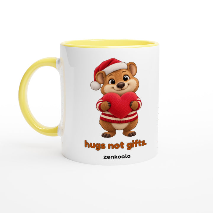 Hugs Not Gifts mug in yellow: white with a yellow rim, inside and handle, Zen Koala Australia