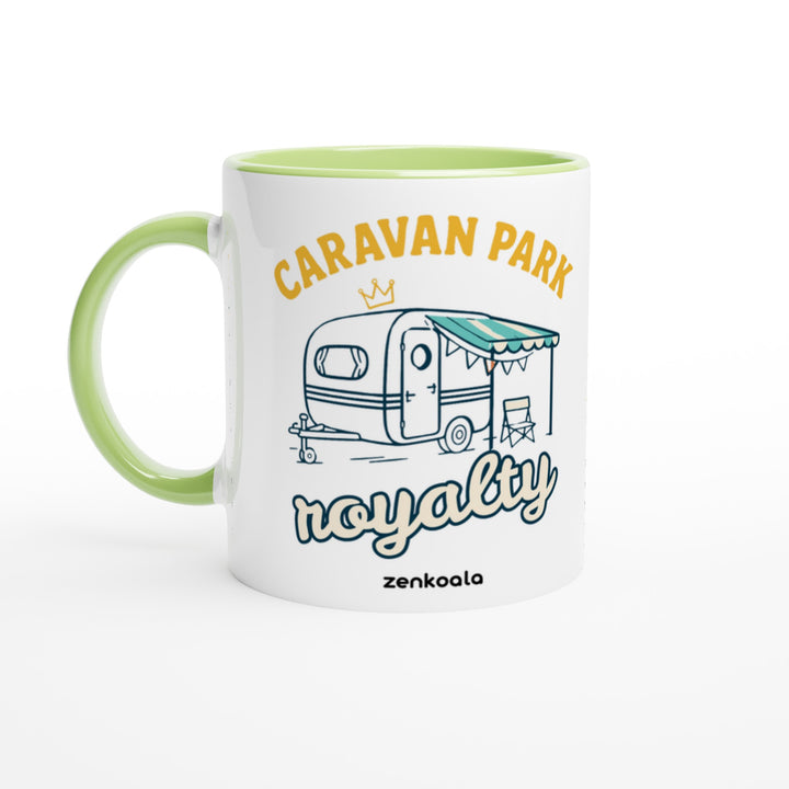 Caravan Park Royalty mug in green: white with a green rim, inside and handle, Zen Koala Australia