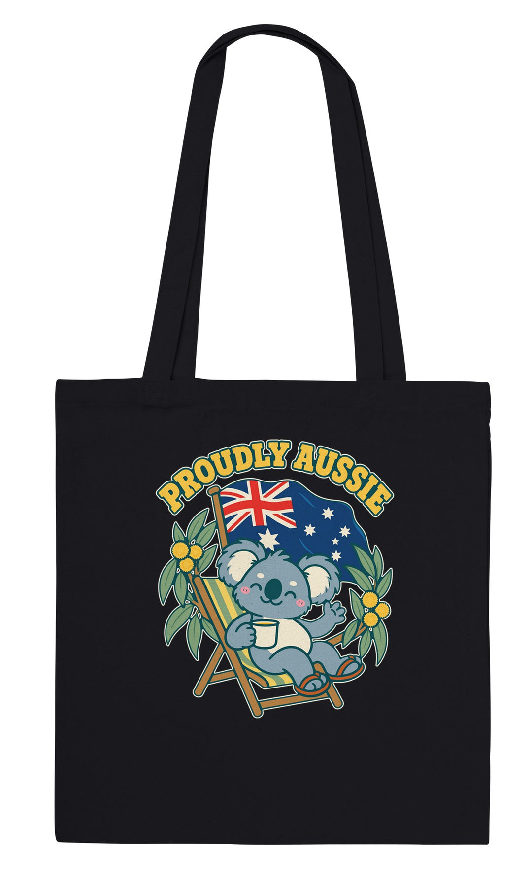 Proudly Aussie feel-good tote bag in black, Zen Koala Australia