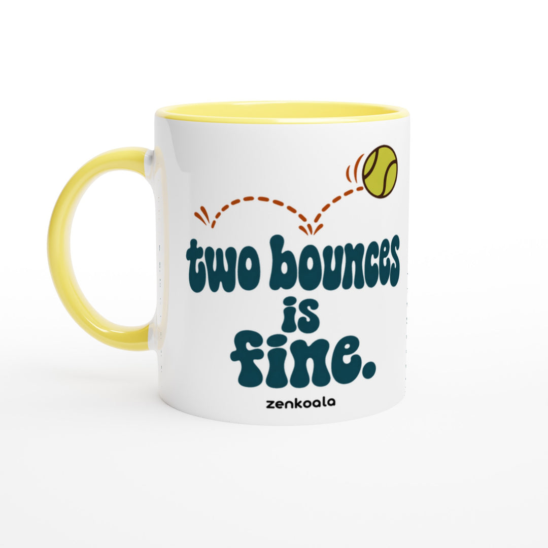 Two Bounces Is Fine mug in yellow: white with a yellow rim, inside and handle, Zen Koala Australia