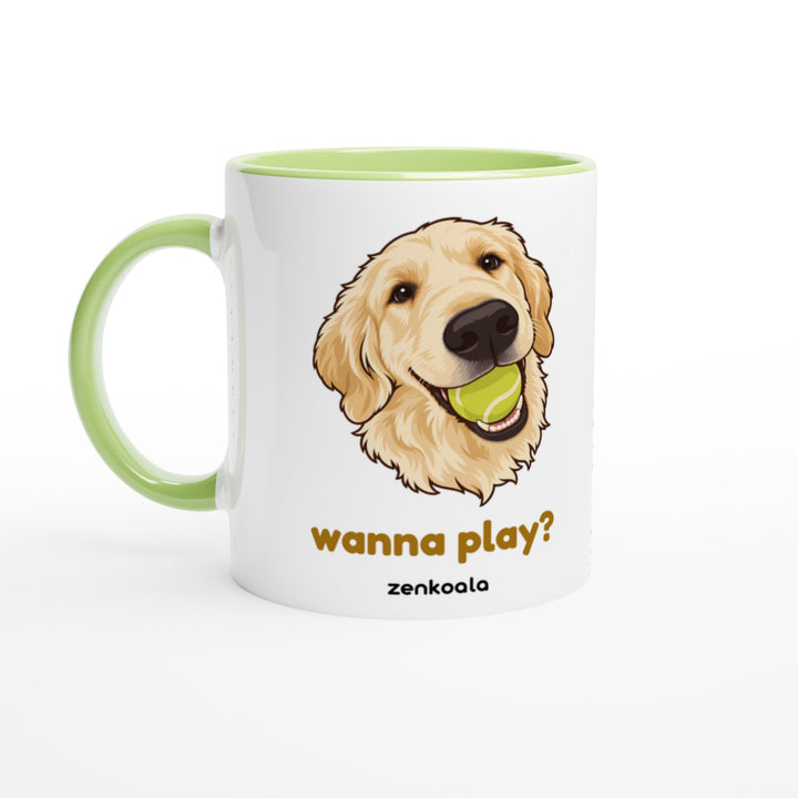 Wanna Play? mug in green: white with a green rim, inside and handle, Zen Koala Australia
