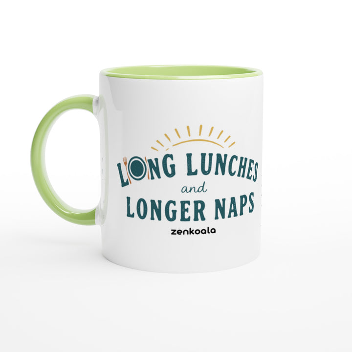 Long Lunches and Longer Naps mug in green: white with a green rim, inside and handle, Zen Koala Australia