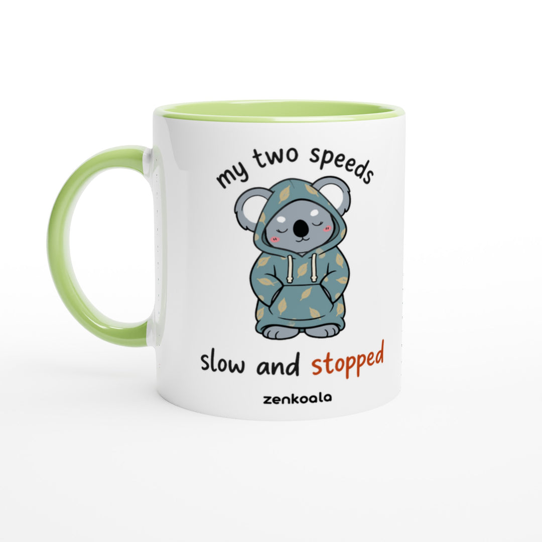 My Two Speeds Slow and Stopped mug in green: white with a green rim, inside and handle, Zen Koala Australia