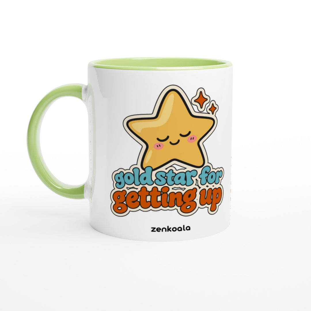 Gold Star for Getting Up feel-good mug: a sleepy gold star sticker, Zen Koala Australia
