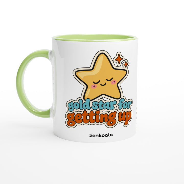 Gold Star for Getting Up feel-good mug: a sleepy gold star sticker, Zen Koala Australia
