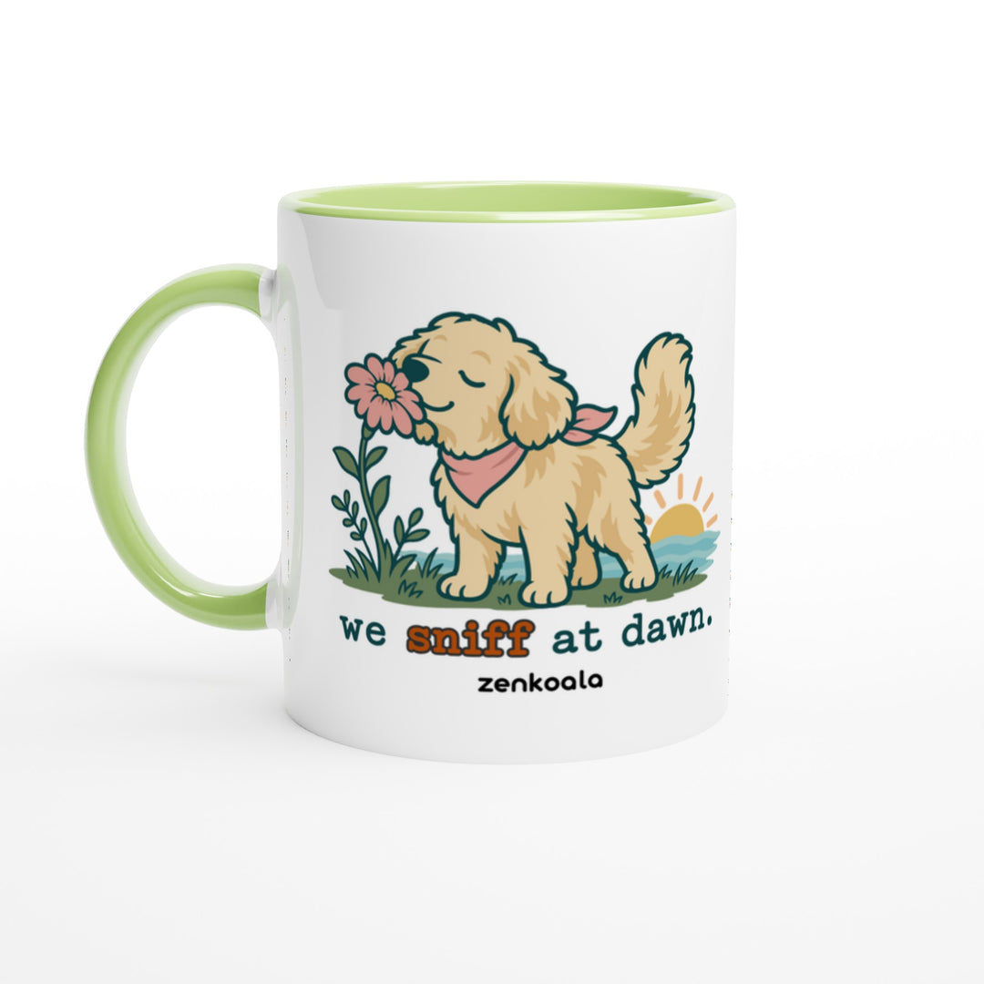 We Sniff at Dawn feel-good mug: a golden retriever sniffing a flower, Zen Koala Australia