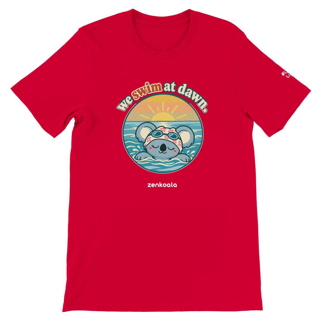 We Swim at Dawn feel-good tee in red, Zen Koala Australia