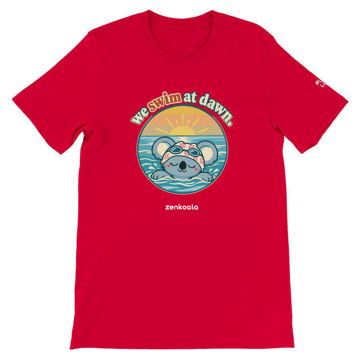 We Swim at Dawn feel-good tee in red, Zen Koala Australia