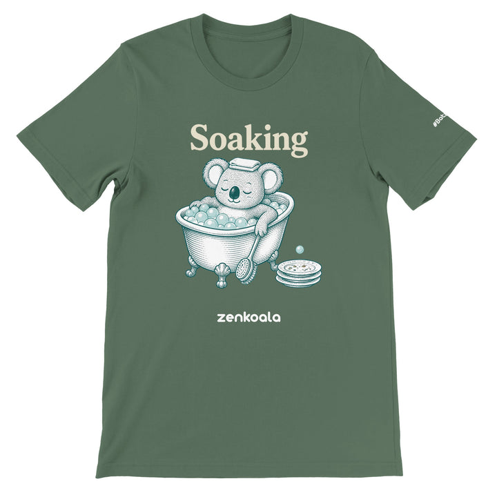 Soaking Koala Bath feel-good tee in military green — Zen Koala Australia