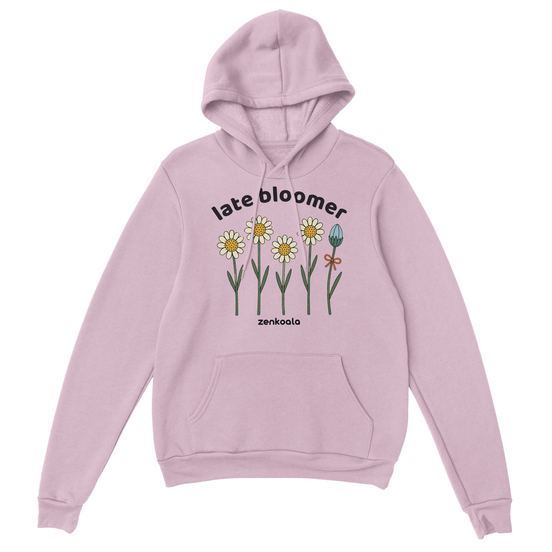 Late Bloomer feel-good hoodie in light pink, Zen Koala Australia