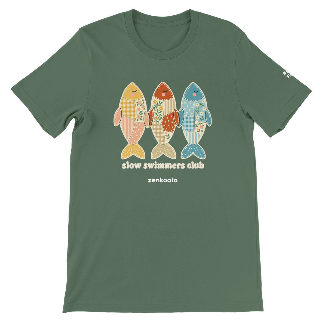 Slow Swimmers Club feel-good tee in military green, Zen Koala Australia