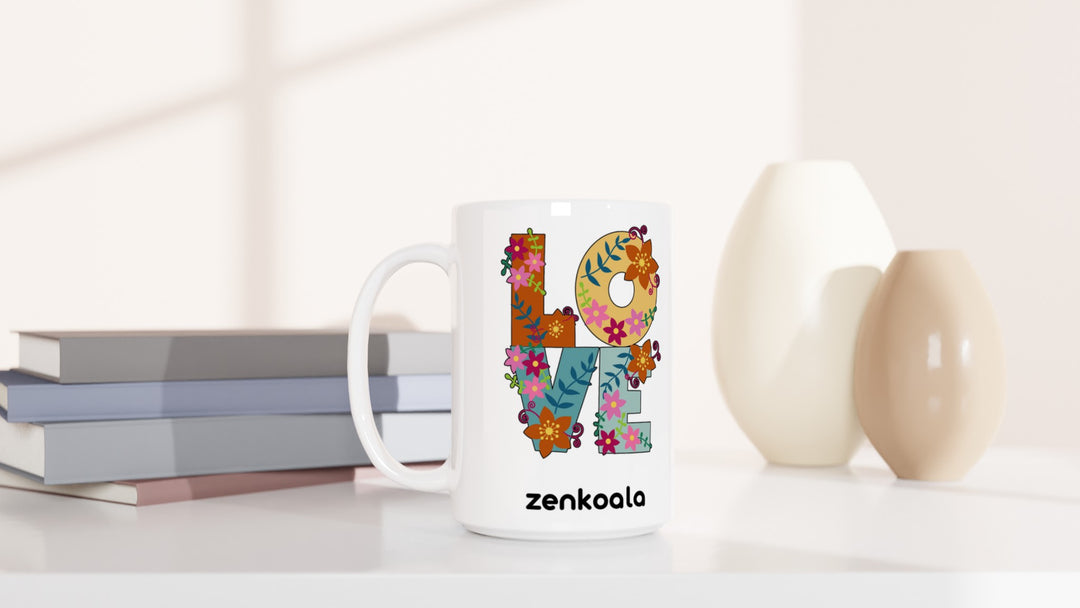 Love 15oz mug beside books and vases, Zen Koala Australia