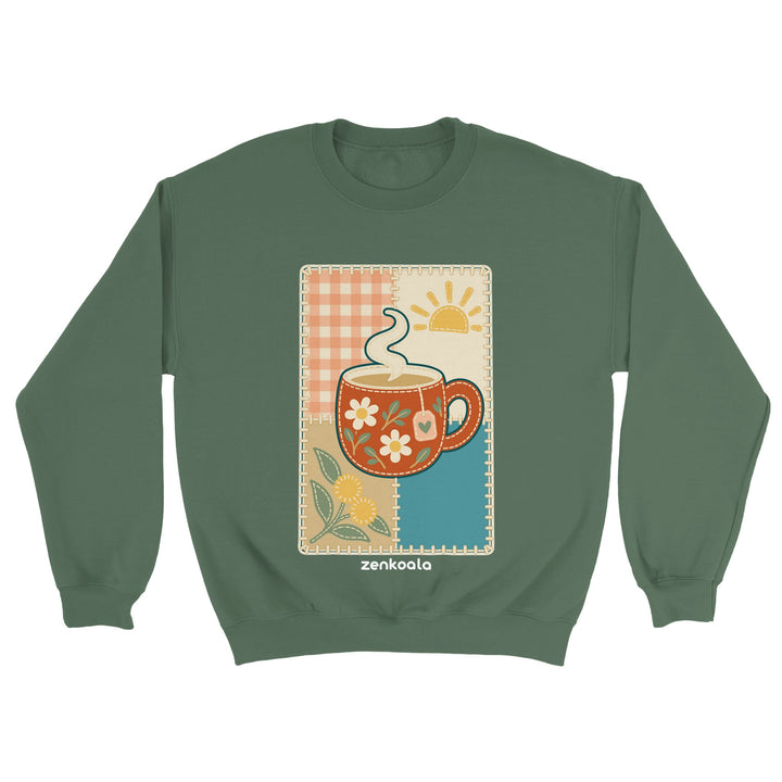 Cuppa Quilt feel-good sweatshirt in military green: a cuppa on a quilt block, Zen Koala Australia