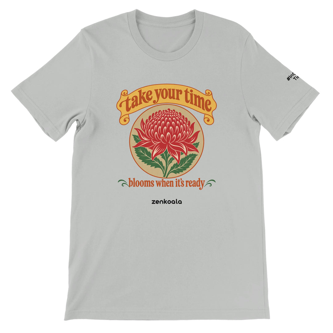 Take Your Time feel-good tee in silver, Zen Koala Australia