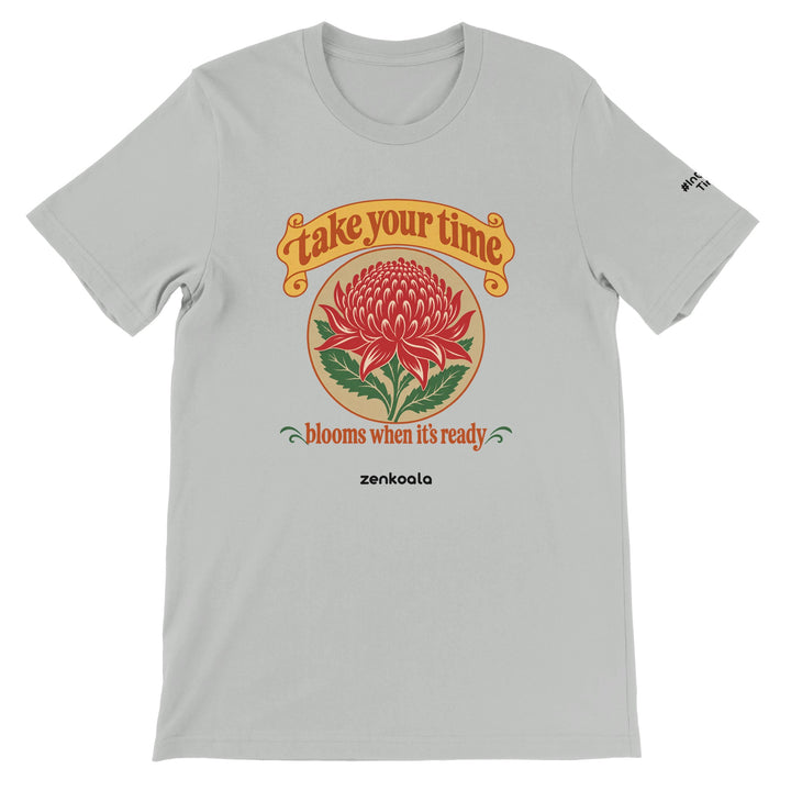 Take Your Time feel-good tee in silver, Zen Koala Australia