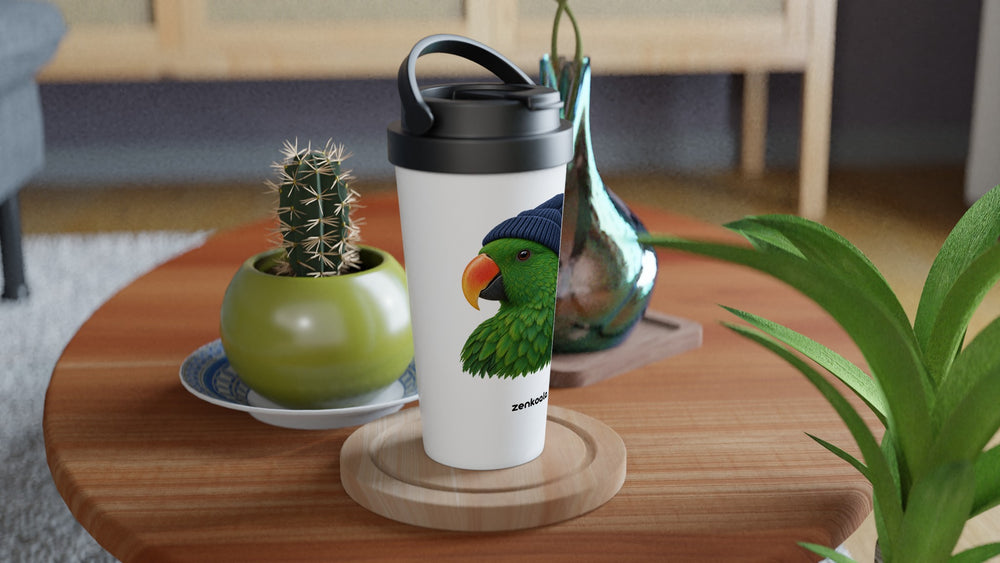 Parrot Beanie travel mug on a wooden table with a cactus, Zen Koala Australia